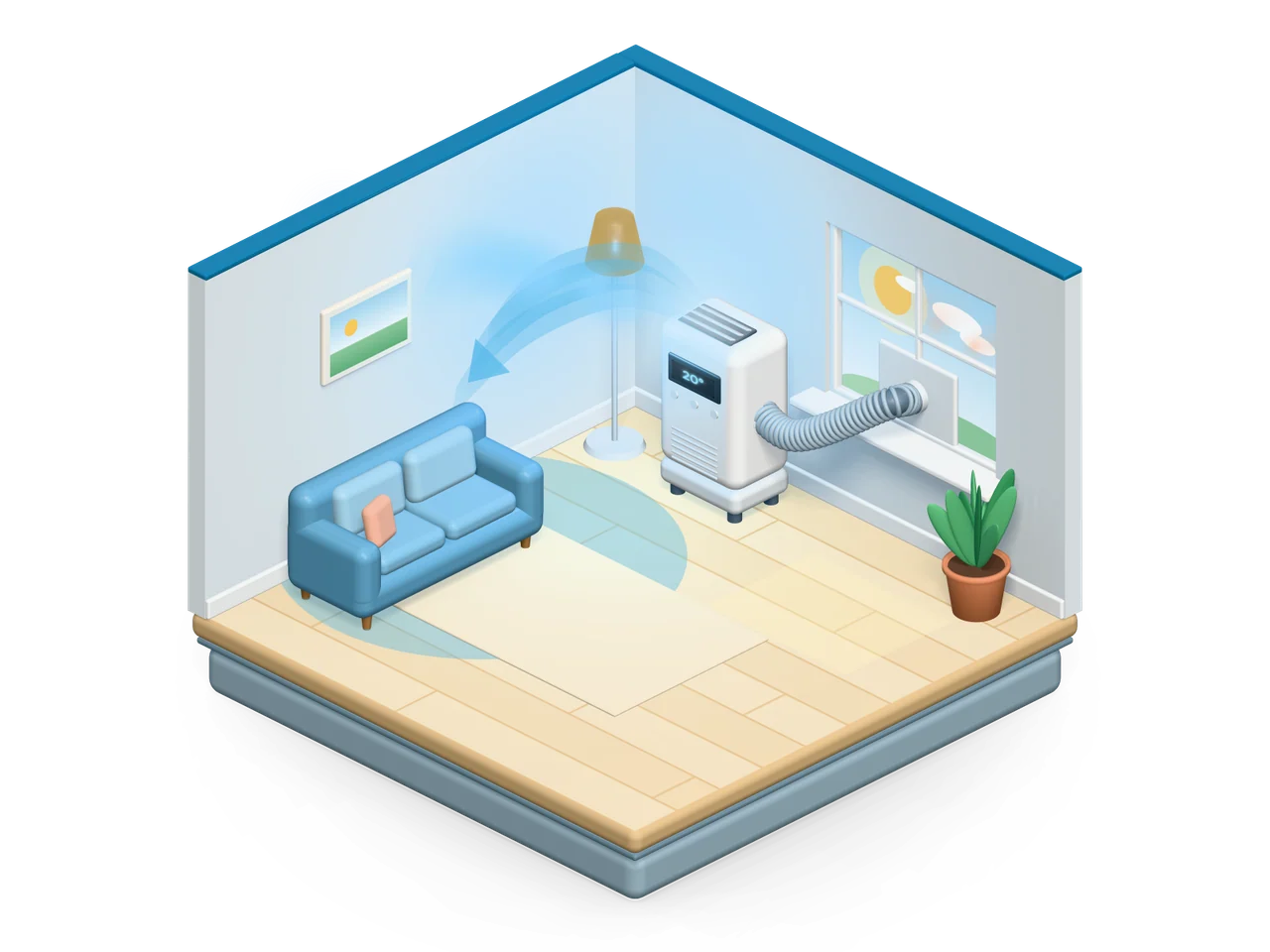 A living room with a portable air conditioner venting through the window: it blows cool air into the room while hot air leaves outside